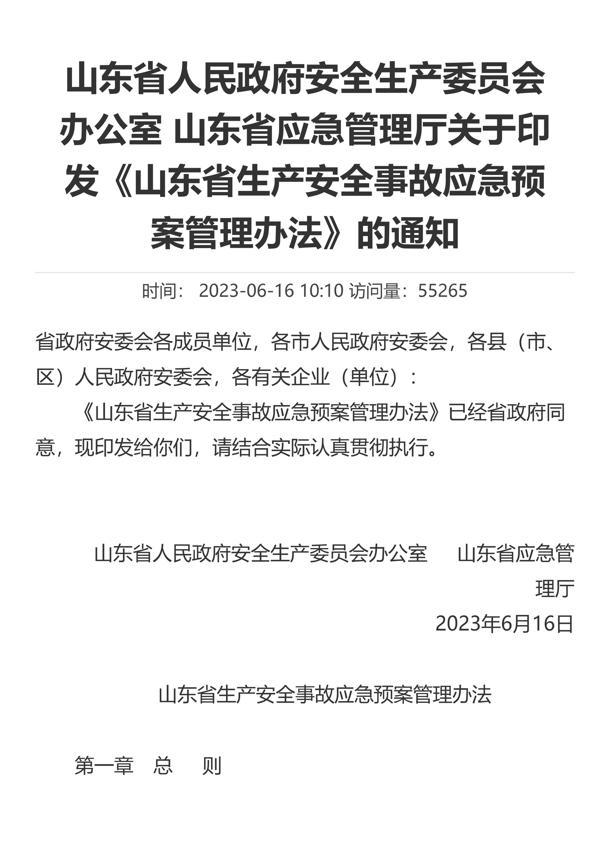 山东省人民政府安全生产委员会办公室 山东省应急管理厅关于印发《山东省生产安全事故应急预案管理办法》的通知 - 第 1 页